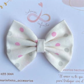 Moño Milan Blanco con lunares rosas y grises