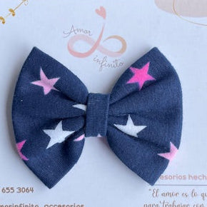 Moño Milan Azul con estrellas rosas