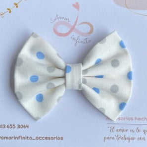 Moño Milan Blanco con lunares azul y grises
