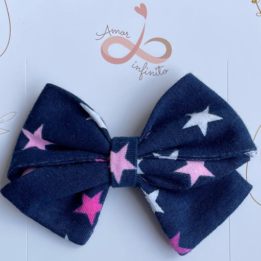 Moño Florencia Mediano azul con estrellas rosas